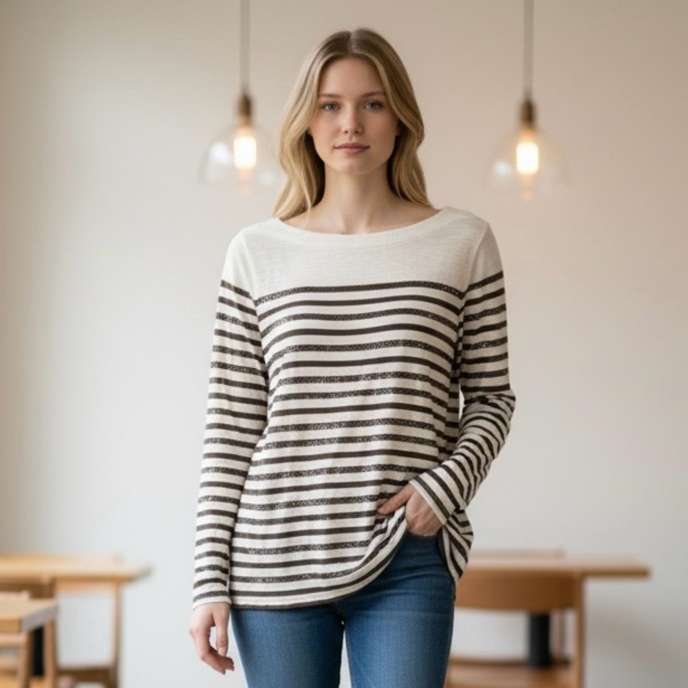 LOFT Black and White Striped Long Sleeve Top